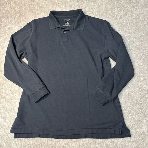 LL Bean Polo Shirt Mens L Reg Sleeve Black Traditional Fit Solid Preppy - Picture 1 of 6